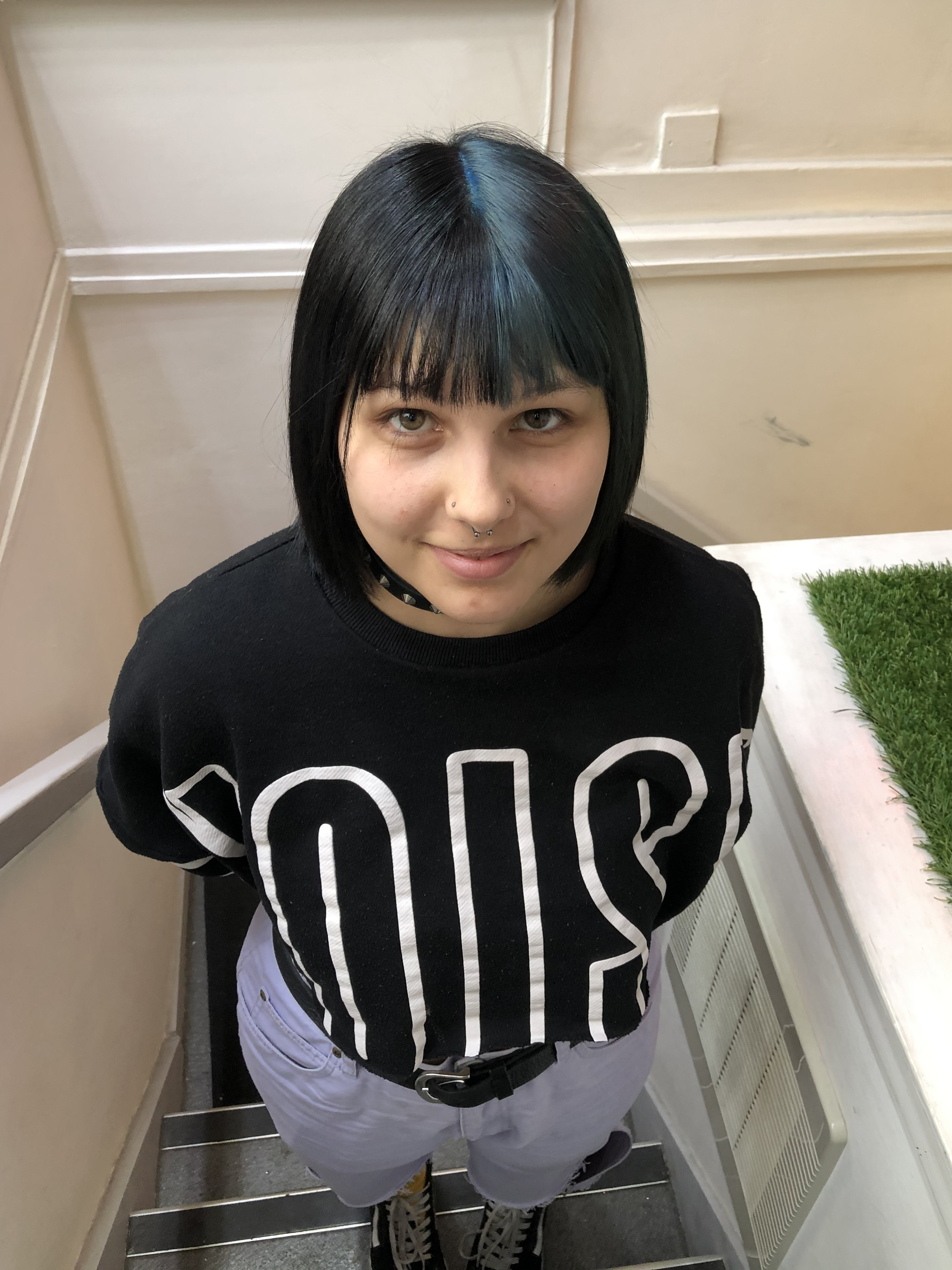 misty blue hair line colour with black smooth bob shaped hair cut ">